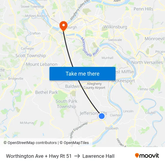 Worthington Ave + Hwy Rt 51 to Lawrence Hall map