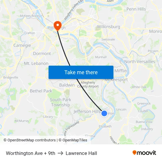 Worthington Ave + 9th to Lawrence Hall map