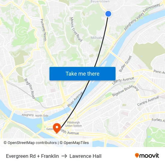 Evergreen Rd + Franklin to Lawrence Hall map
