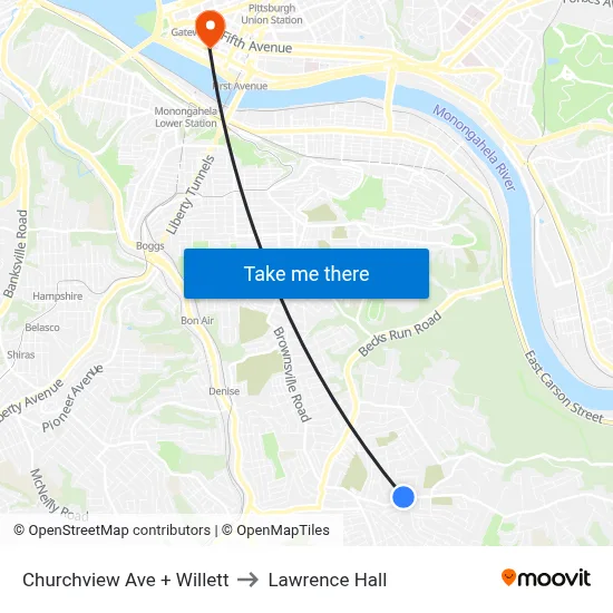 Churchview Ave + Willett to Lawrence Hall map