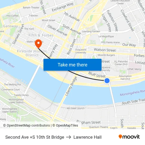 Second Ave +S 10th St Bridge to Lawrence Hall map
