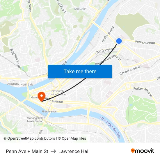 Penn Ave + Main St to Lawrence Hall map