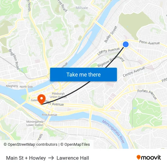 Main St + Howley to Lawrence Hall map