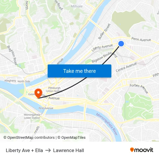 Liberty Ave + Ella to Lawrence Hall map