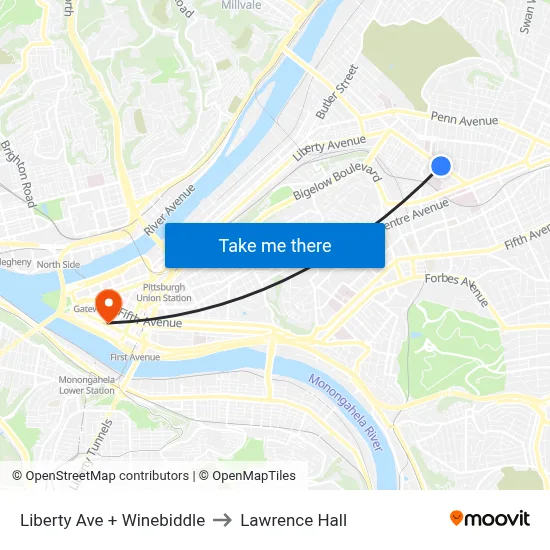 Liberty Ave + Winebiddle to Lawrence Hall map