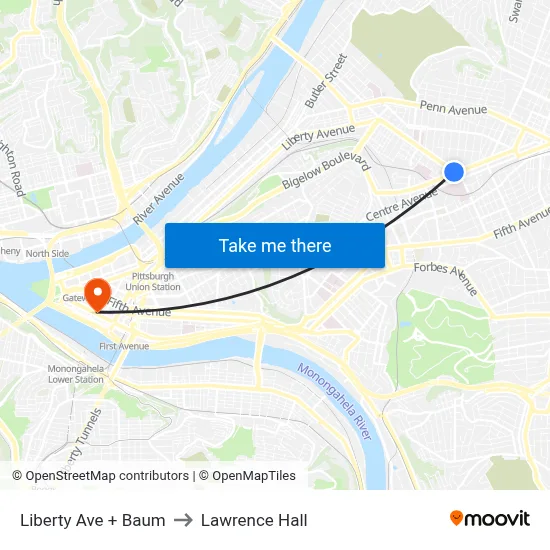 Liberty Ave + Baum to Lawrence Hall map