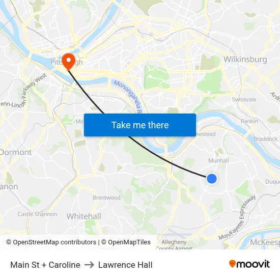 Main St + Caroline to Lawrence Hall map