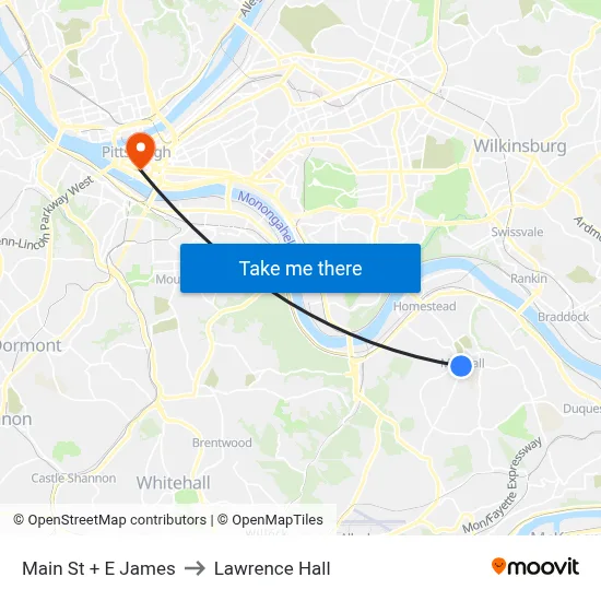 Main St + E James to Lawrence Hall map