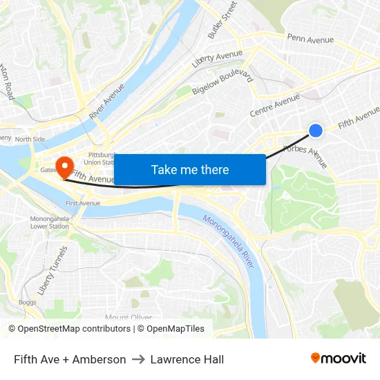 Fifth Ave + Amberson to Lawrence Hall map