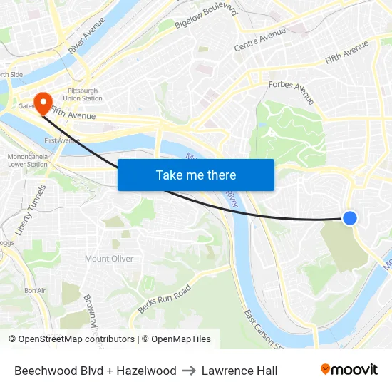 Beechwood Blvd + Hazelwood to Lawrence Hall map