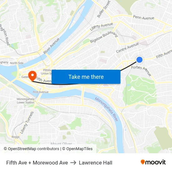 Fifth Ave + Morewood Ave to Lawrence Hall map