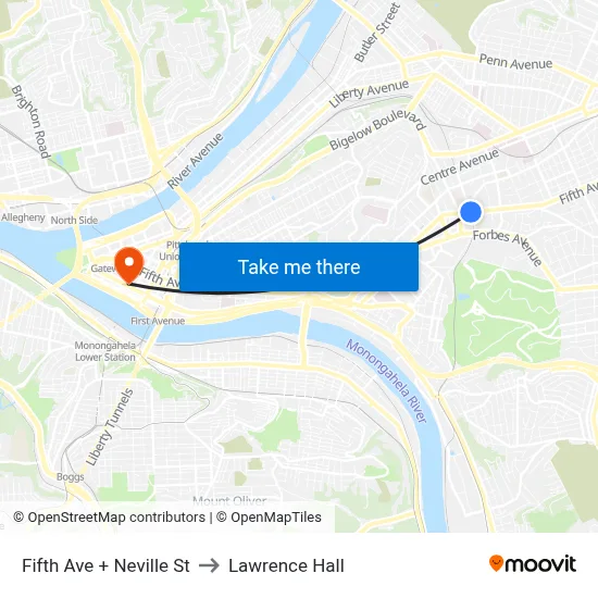 Fifth Ave + Neville St to Lawrence Hall map