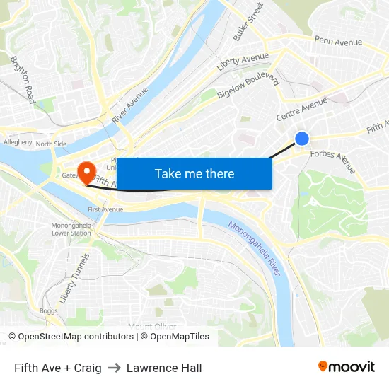 Fifth Ave + Craig to Lawrence Hall map