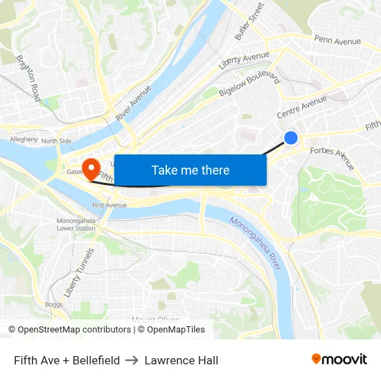 Fifth Ave + Bellefield to Lawrence Hall map