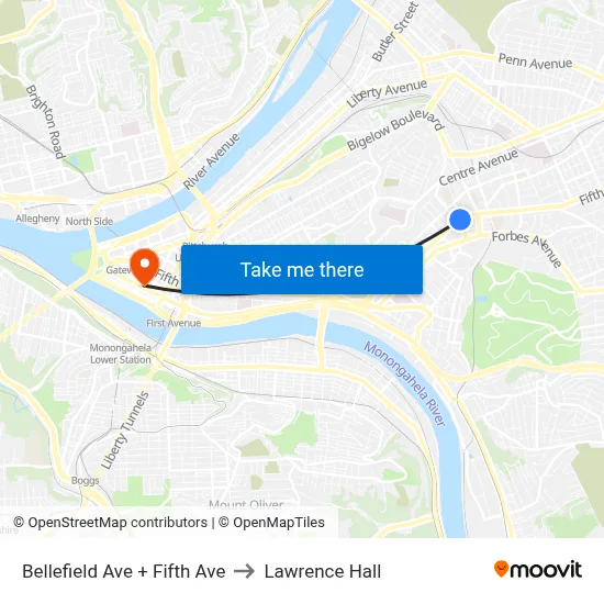 Bellefield Ave + Fifth Ave to Lawrence Hall map