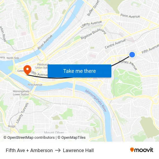 Fifth Ave + Amberson to Lawrence Hall map