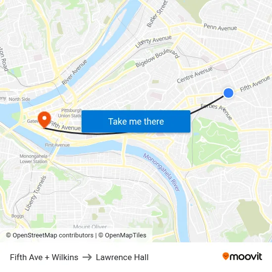Fifth Ave + Wilkins to Lawrence Hall map