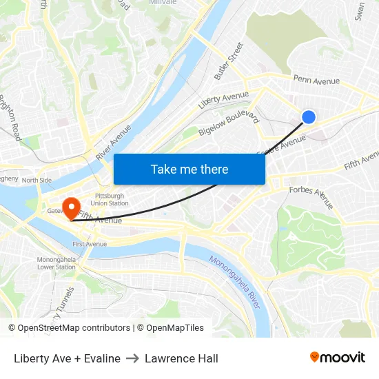 Liberty Ave + Evaline to Lawrence Hall map