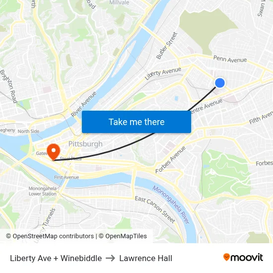 Liberty Ave + Winebiddle to Lawrence Hall map