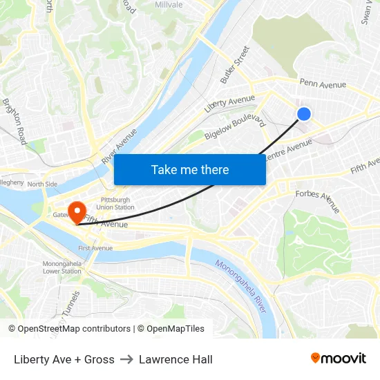 Liberty Ave + Gross to Lawrence Hall map