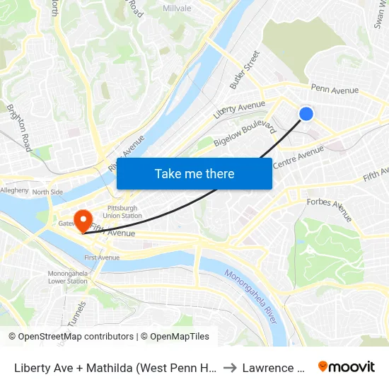 Liberty Ave + Mathilda (West Penn Hosp) to Lawrence Hall map