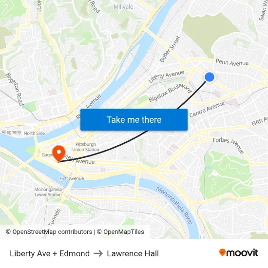Liberty Ave + Edmond to Lawrence Hall map
