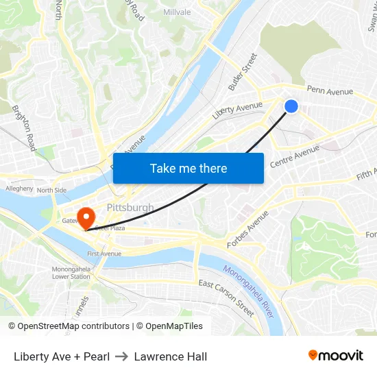 Liberty Ave + Pearl to Lawrence Hall map