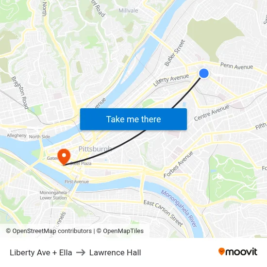 Liberty Ave + Ella to Lawrence Hall map