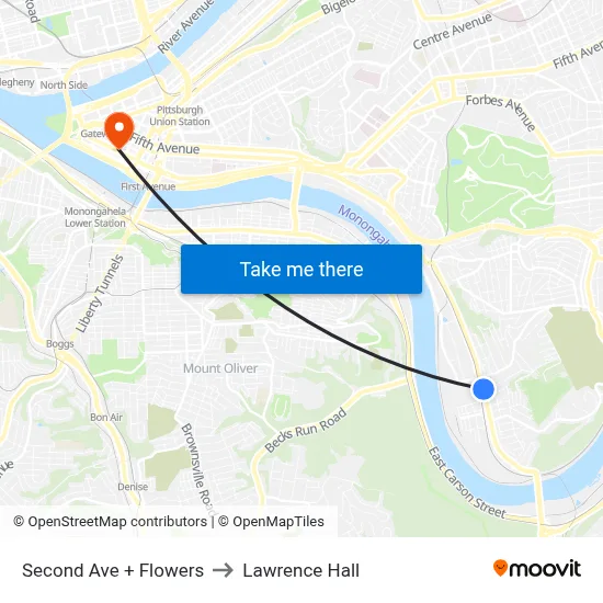 Second Ave + Flowers to Lawrence Hall map
