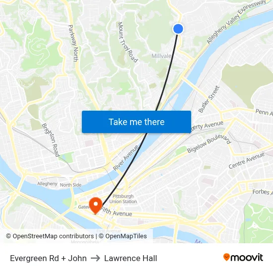 Evergreen Rd + John to Lawrence Hall map