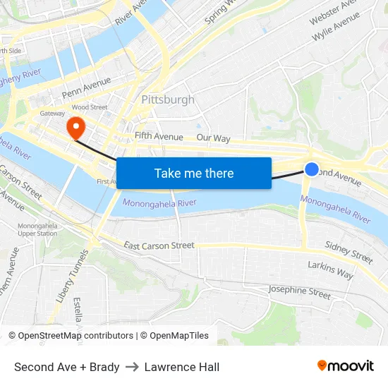 Second Ave + Brady to Lawrence Hall map