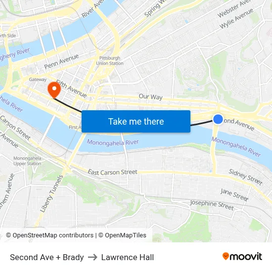 Second Ave + Brady to Lawrence Hall map