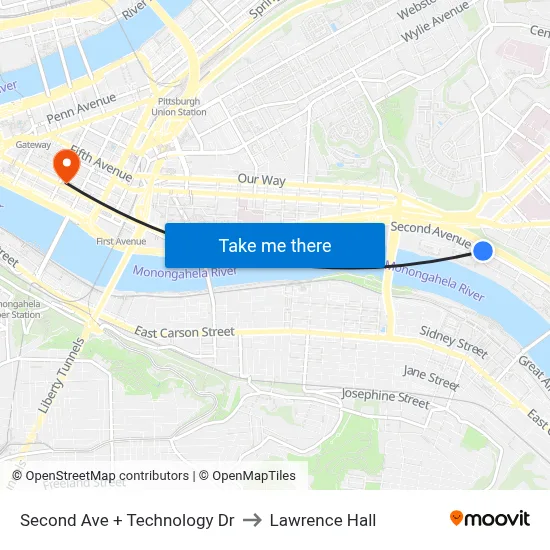 Second Ave + Technology Dr to Lawrence Hall map