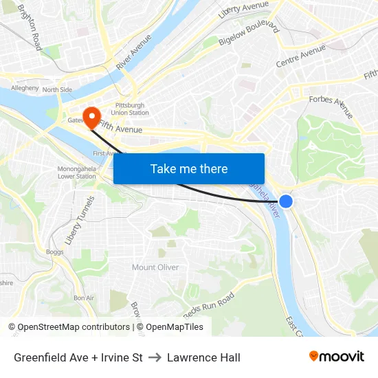 Greenfield Ave + Irvine St to Lawrence Hall map