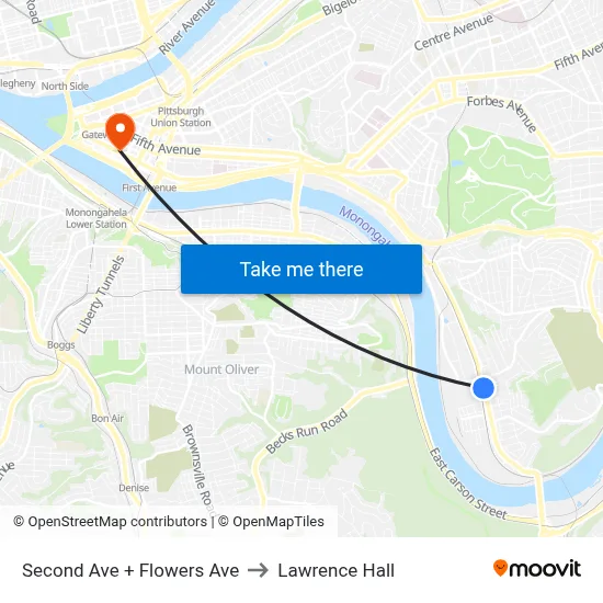Second Ave + Flowers Ave to Lawrence Hall map