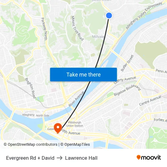 Evergreen Rd + David to Lawrence Hall map