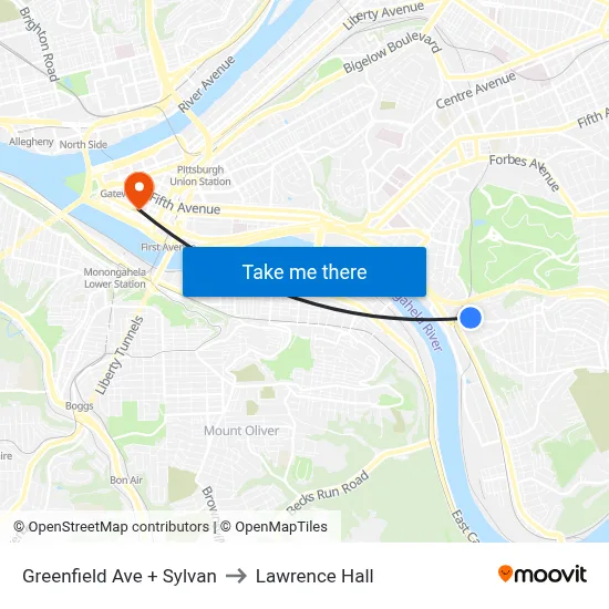 Greenfield Ave + Sylvan to Lawrence Hall map