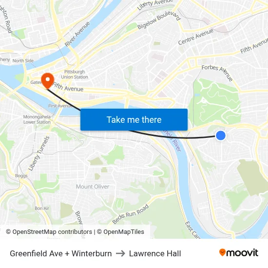 Greenfield Ave + Winterburn to Lawrence Hall map