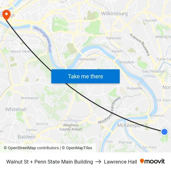 Walnut St + Penn State Main Building to Lawrence Hall map