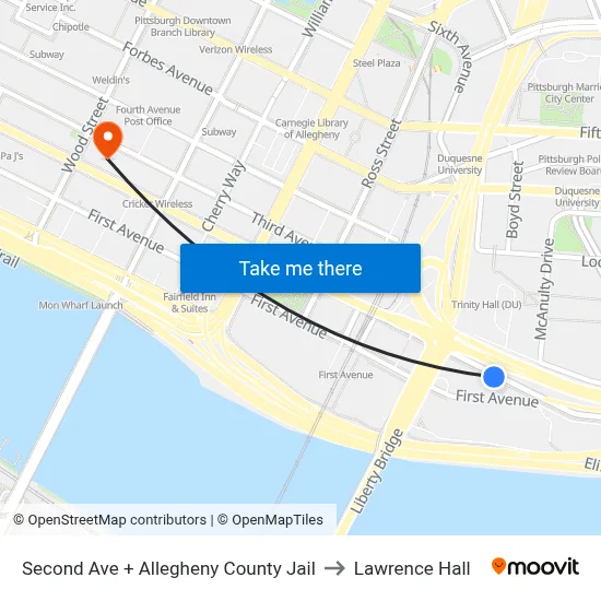 Second Ave + Allegheny County Jail to Lawrence Hall map