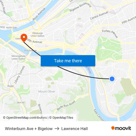 Winterburn Ave + Bigelow to Lawrence Hall map