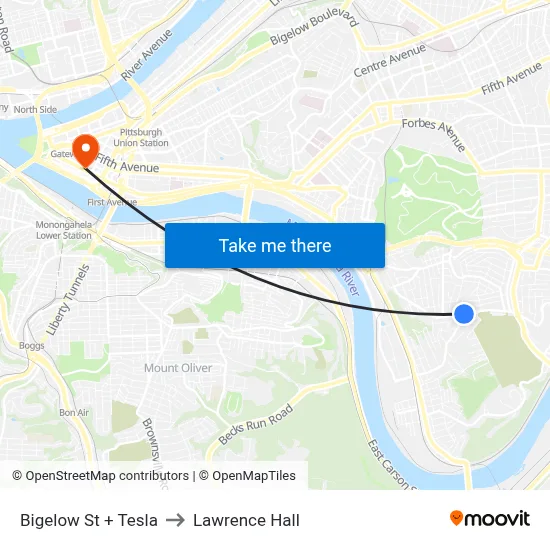 Bigelow St + Tesla to Lawrence Hall map