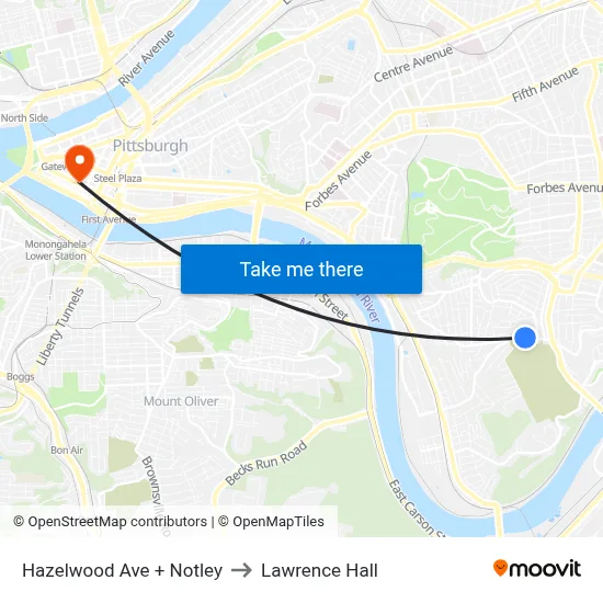Hazelwood Ave + Notley to Lawrence Hall map