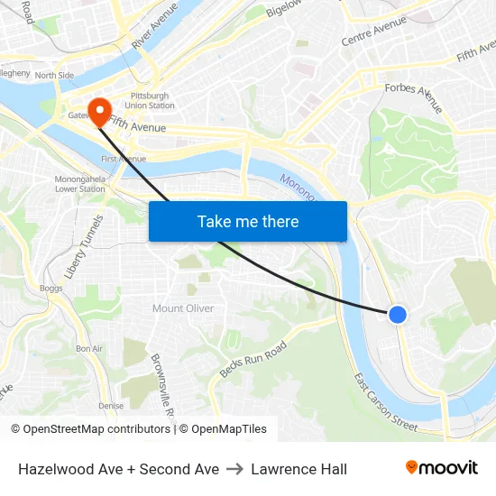Hazelwood Ave + Second Ave to Lawrence Hall map