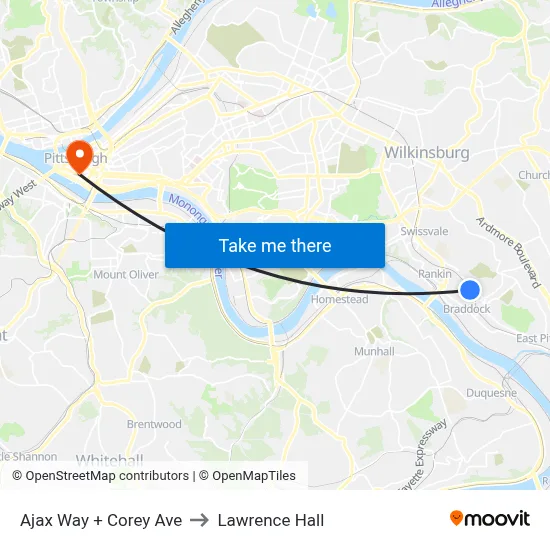 Ajax Way + Corey Ave to Lawrence Hall map