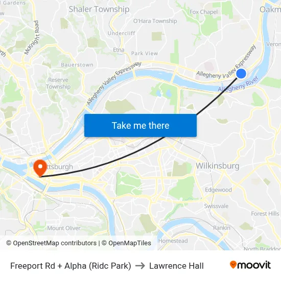 Freeport Rd + Alpha (Ridc Park) to Lawrence Hall map