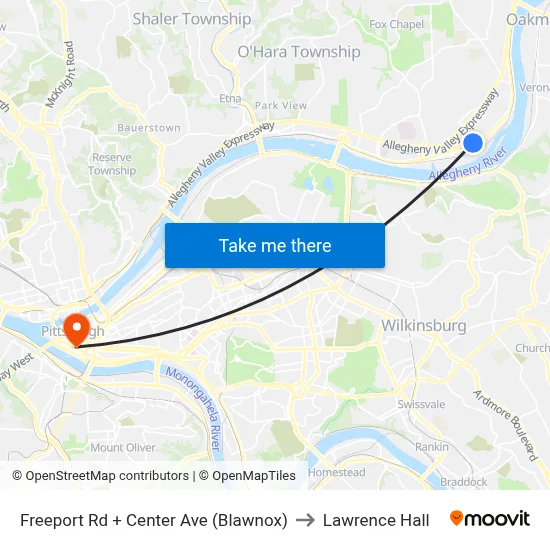 Freeport Rd + Center Ave (Blawnox) to Lawrence Hall map