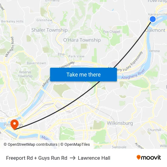 Freeport Rd + Guys Run Rd to Lawrence Hall map