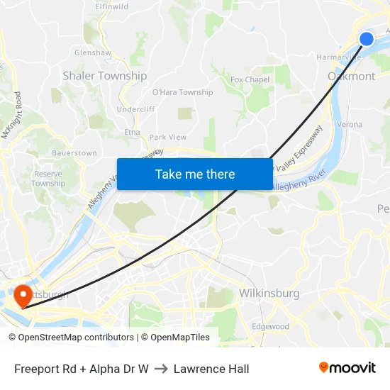 Freeport Rd + Alpha Dr W to Lawrence Hall map