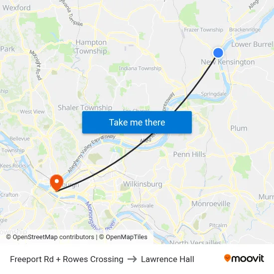 Freeport Rd + Rowes Crossing to Lawrence Hall map
